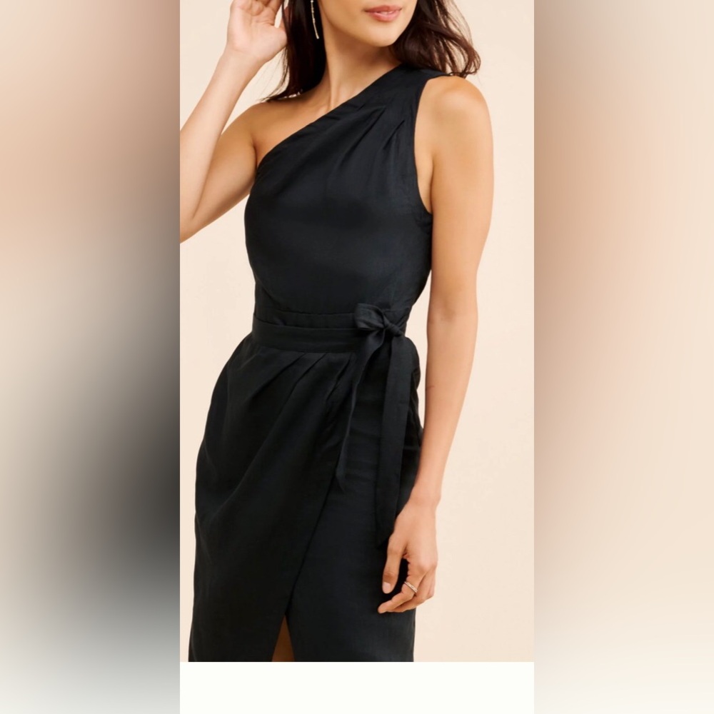 Anthropologie 100% Linen Midi Dress 14 Black One Shoulder Faux Wrap Summer NEW